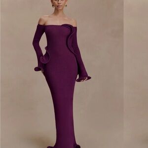 Meshki Off-Shoulder Long Sleeve Sculpted Evening Gown in Deep Plum